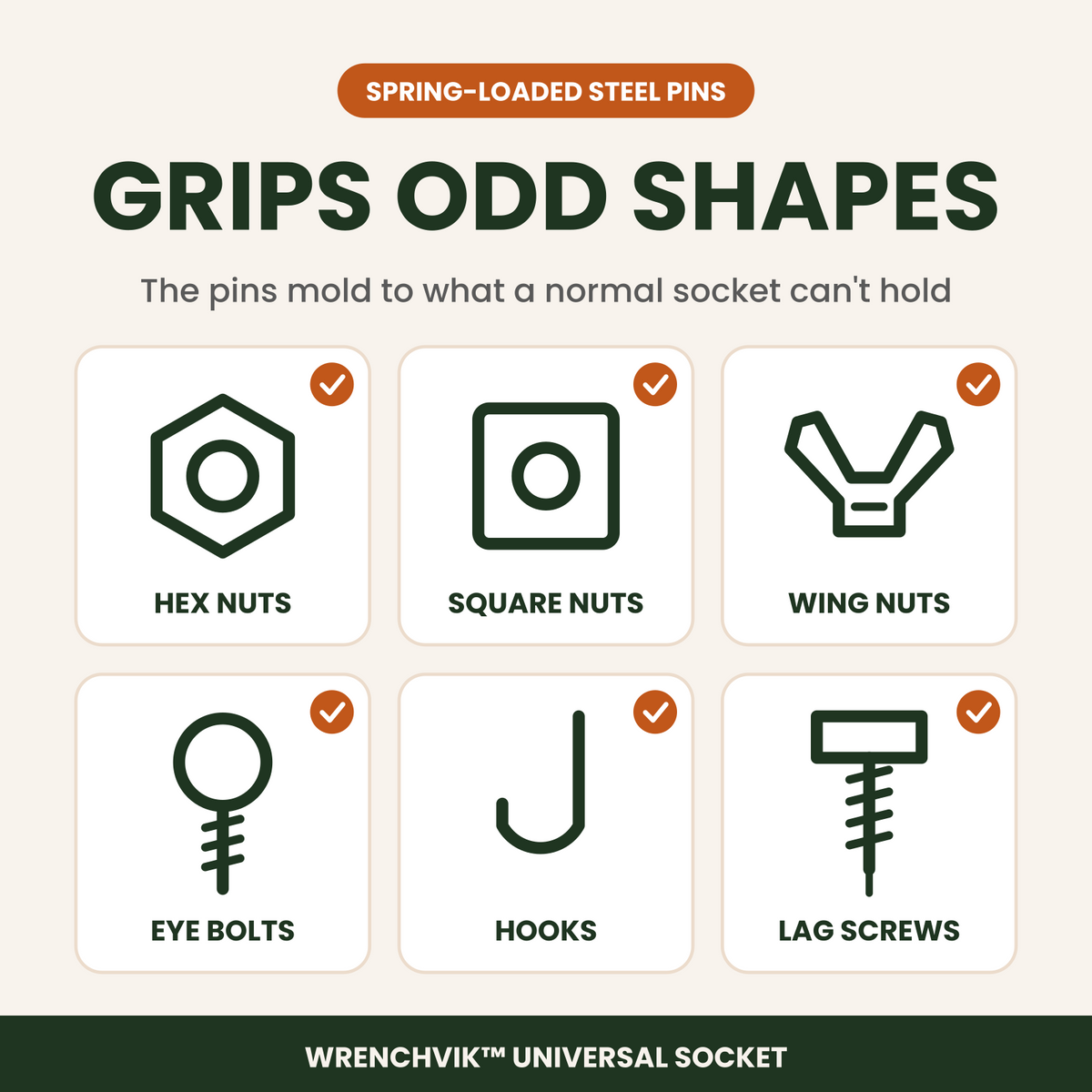 Spring-loaded steel pins grip hex nuts, square nuts, wing nuts, eye bolts, hooks and lag screws